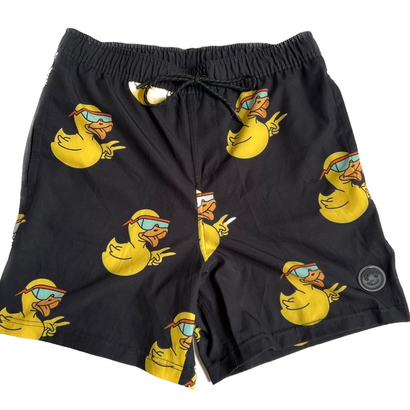 New NEFF Shorts Novelty Duck Print Swim Trunks Board Beach Black Yellow Sz L NWT - Picture 1 of 6